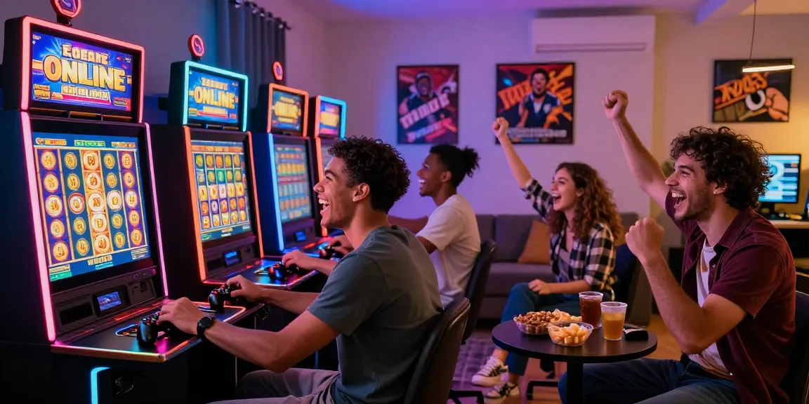 Friends enjoying a thrilling online gaming night with SLOT ONLINE machines, showcasing excitement and camaraderie.