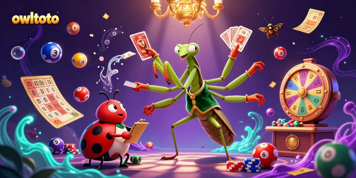 Engage with owltoto's thrilling atmosphere featuring a giant praying mantis card sharp amid vibrant lottery elements.