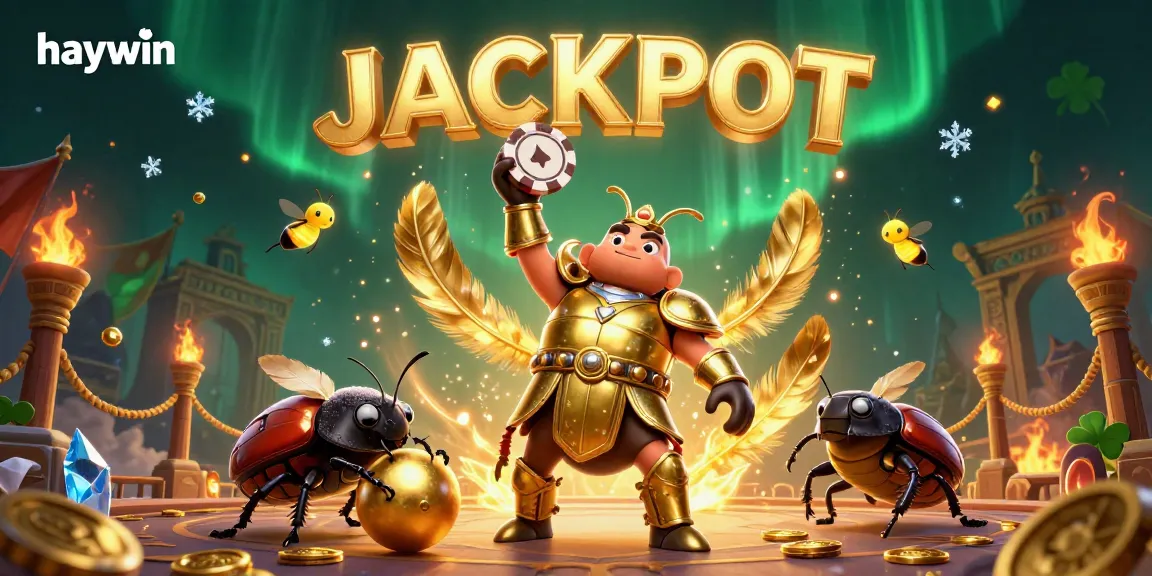Experience the excitement of haywin's victory with a hero beetle lifting a poker chip in a dynamic casino scene.