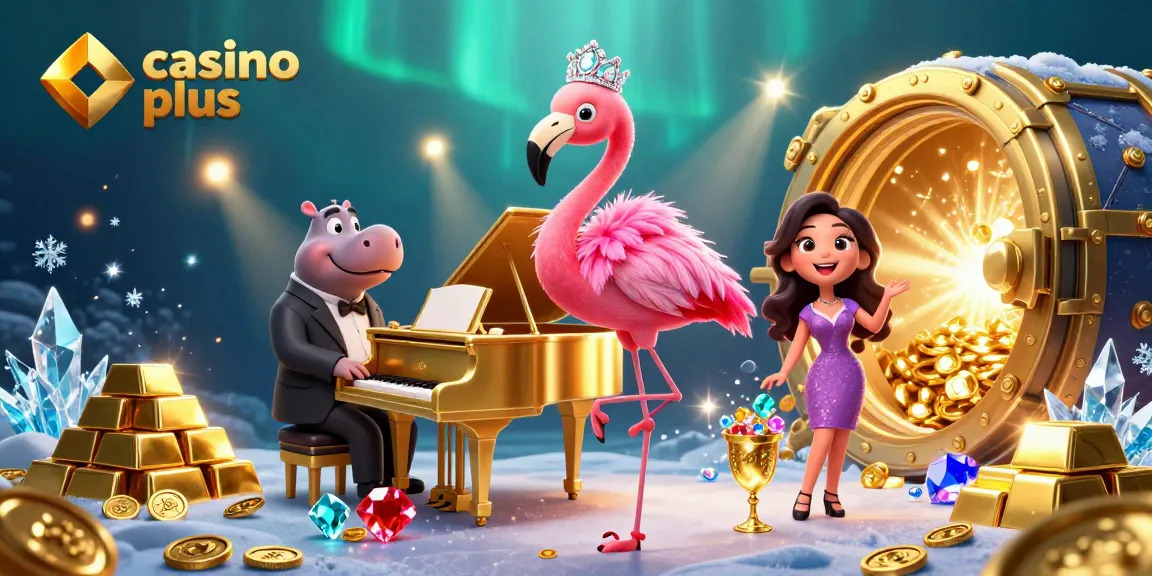 Win big at casino plus with vibrant 3D illustration of a flamingo singer and hippo bassist amidst golden treasures.