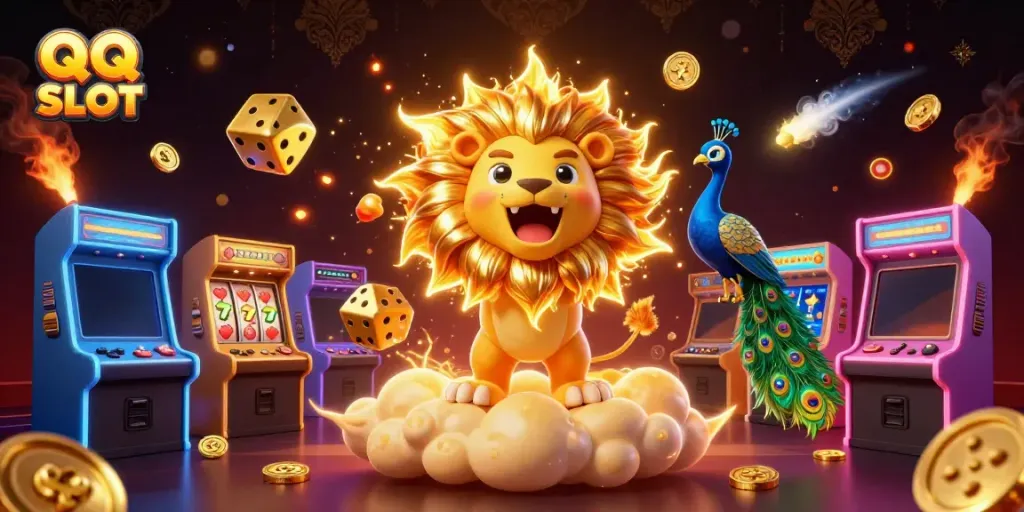 Experience the QQ SLOT excitement with a vibrant casino-themed 3D illustration featuring a roaring sun lion.