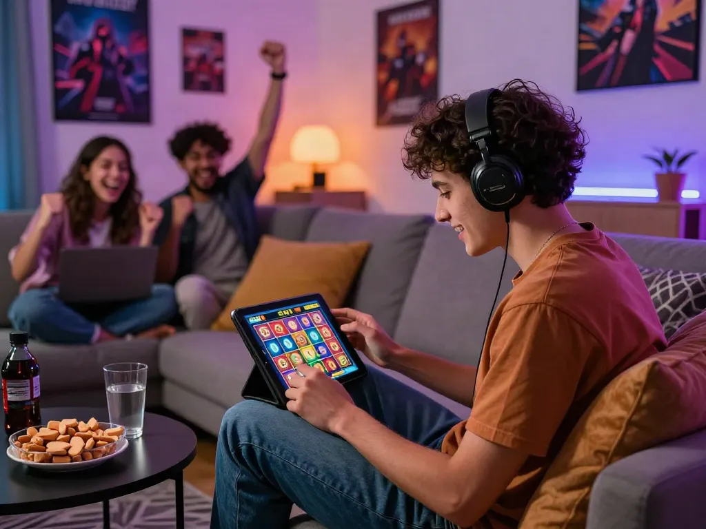 Exciting slot online gaming experience in a cozy living room with friends.