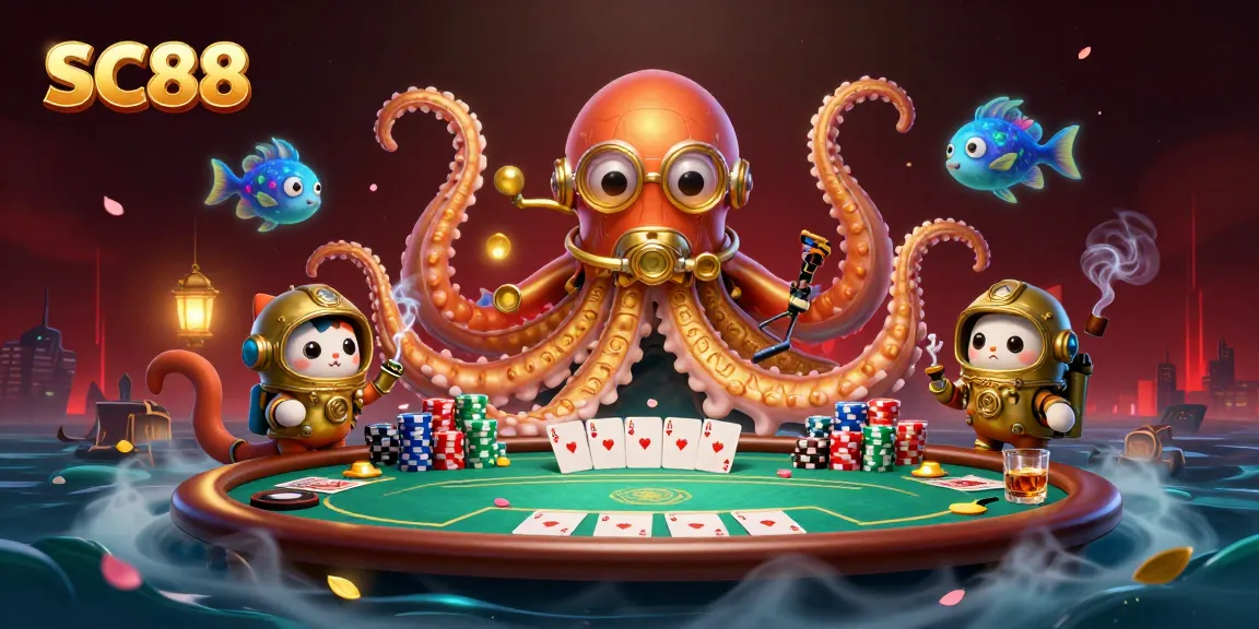Engage with SC88's thrilling casino experience featuring a kraken and diving cat surrounded by vibrant game elements.
