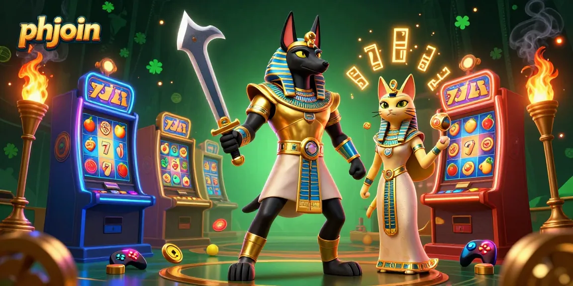 Experience the thrill of gaming with phjoin in this colorful casino illustration featuring a golden Anubis and Bastet.