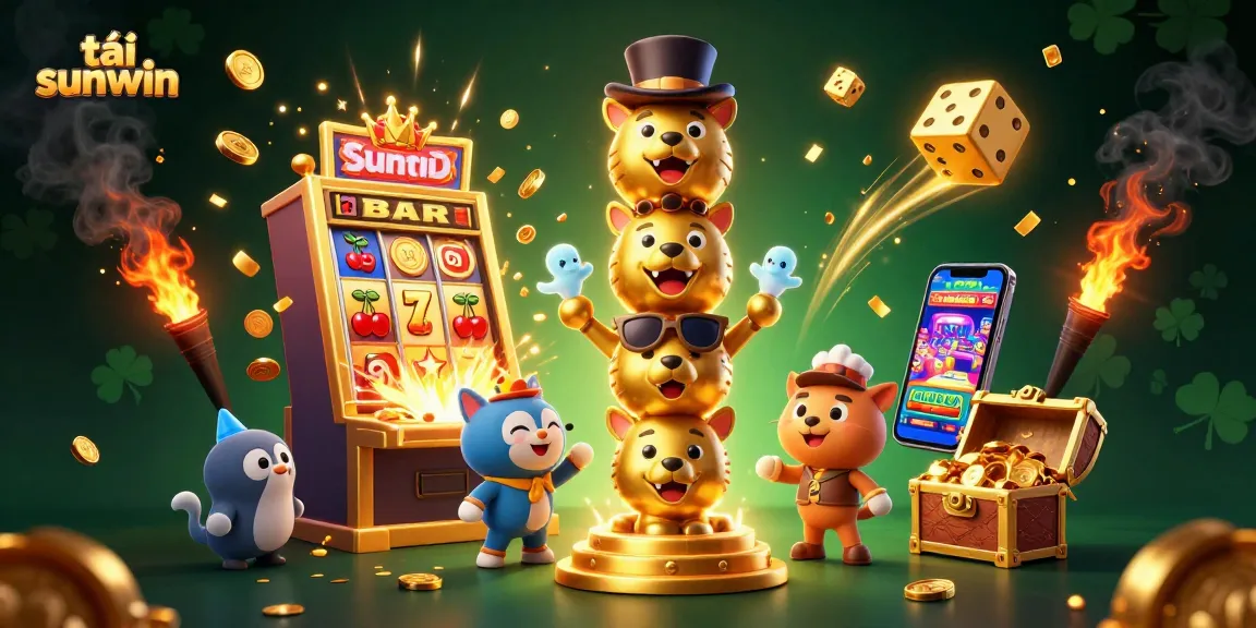 Winning with tải sunwin in a vibrant 3D casino illustration featuring golden elements and jackpot explosions.