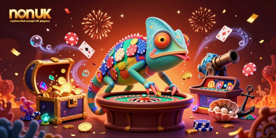 Experience the excitement at non UK casinos that accept UK players with vibrant casino elements and colorful characters.