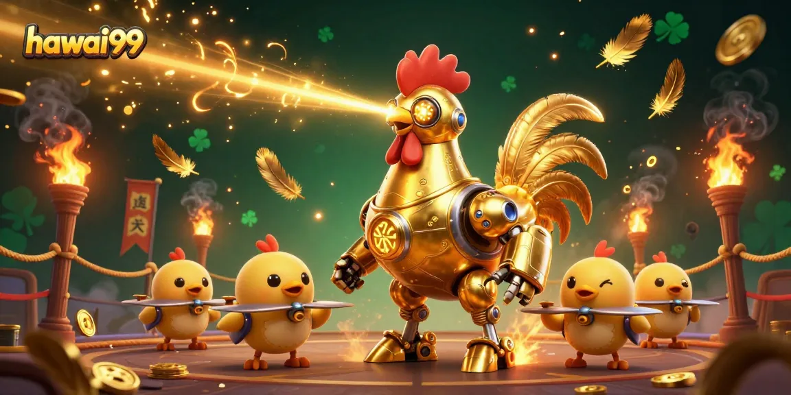Experience the excitement at hawai99, featuring a dynamic scene with a golden rooster robot and baby chick drones in a vibrant casino.