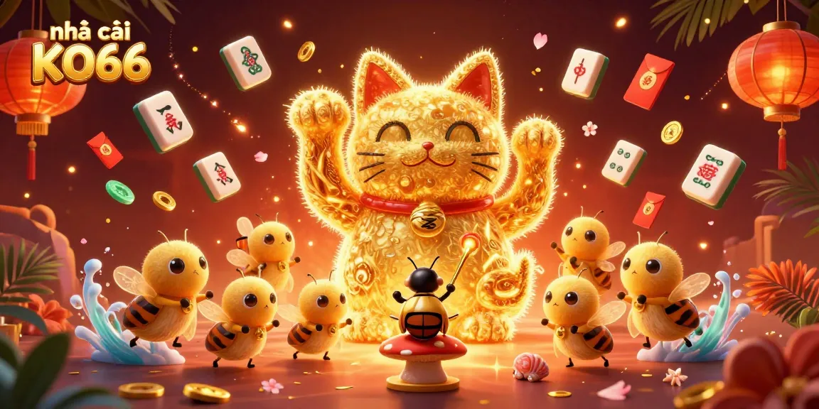 Experience the dynamic world of nhà cái KO66 with vibrant symbols, lucky cats, and dazzling casino elements.