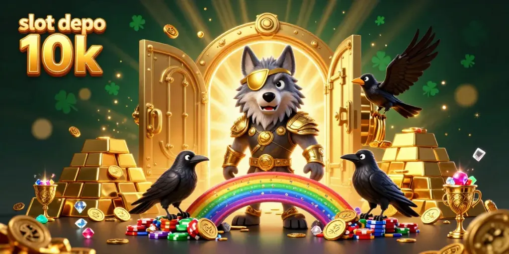 Gambarkan slot depo 10k dengan Odin dan dua burung gagak di atas jembatan chip kasino.