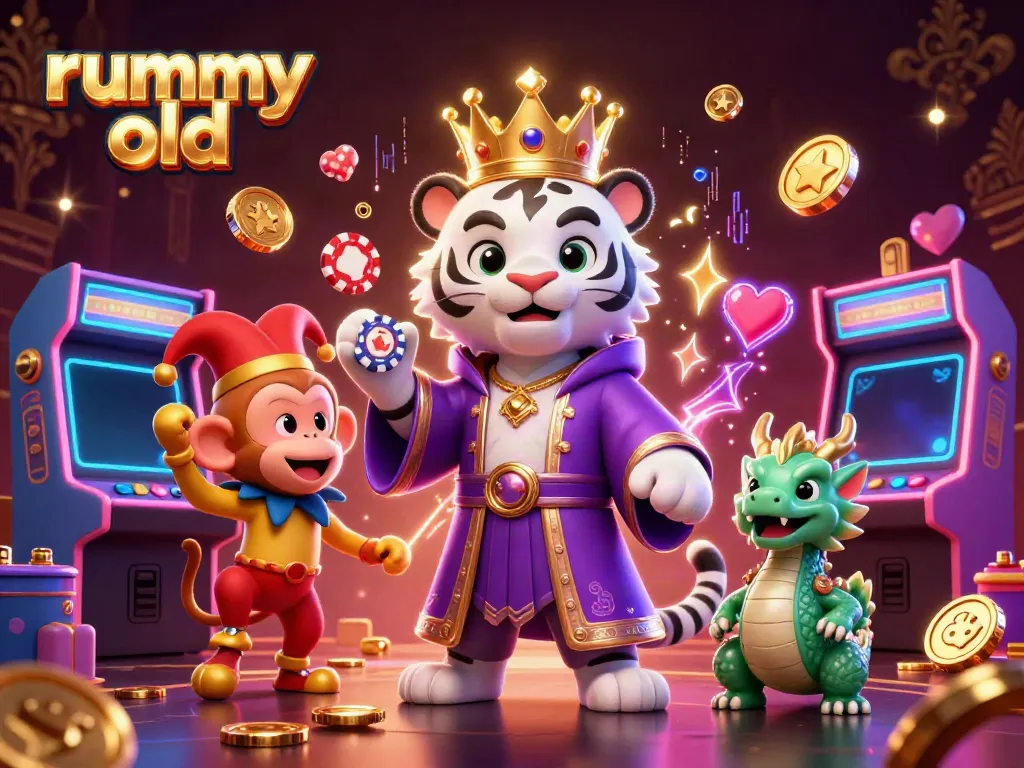 Grafik permainan rummy old dengan harimau putih, monyet mengocok chip poker, dan patung naga hijau hidup.