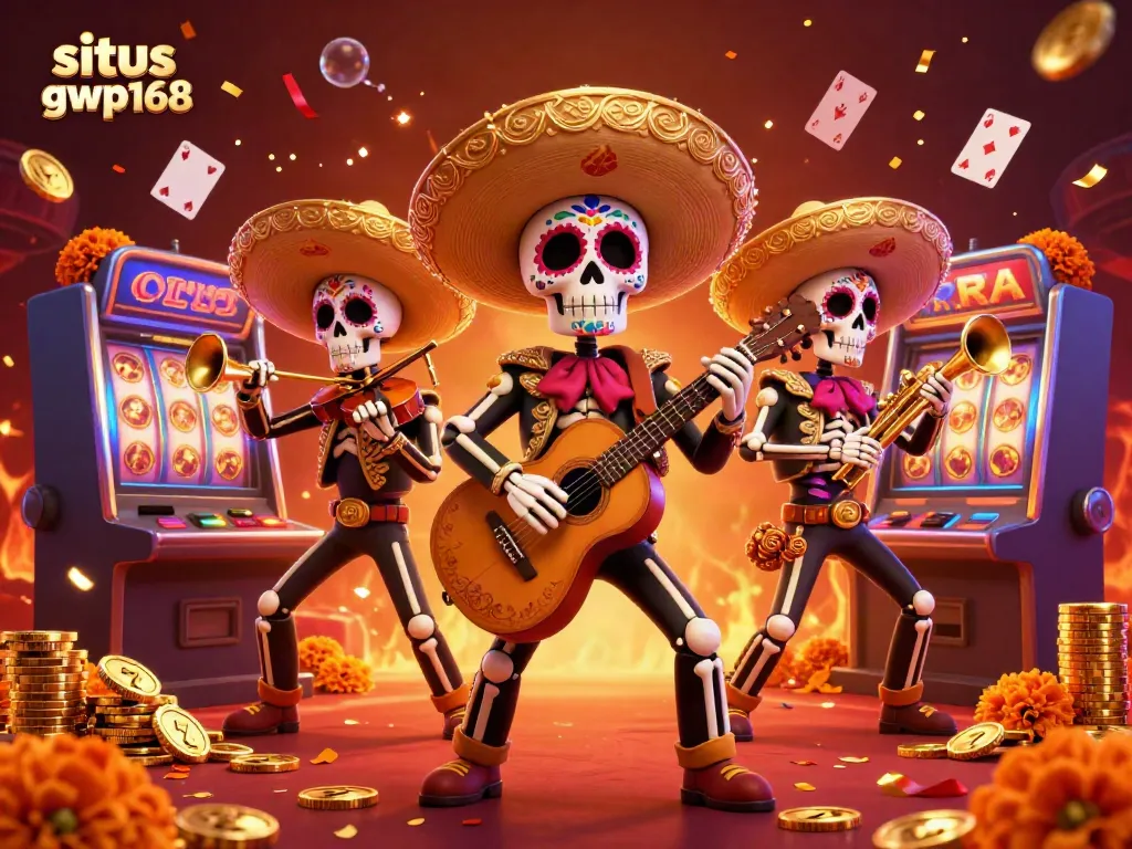 Mariaki band dia de los muertos merayakan di situs gwp168 dengan elemen kasino yang meriah dan kaya warna.
