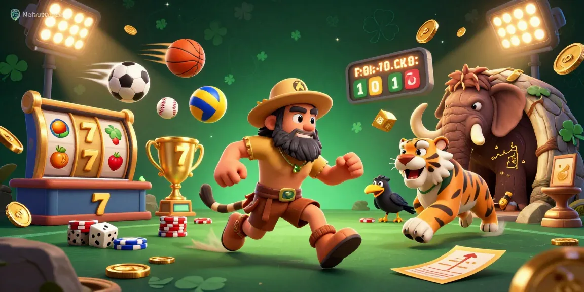 Nohu90 com features a dynamic 3D casino scene with a caveman, sabertooth tiger, and crow in action.