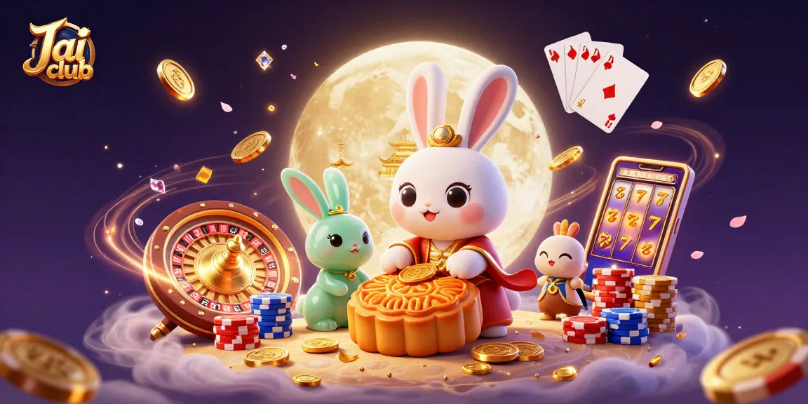 Engage in exciting gameplay with Jai club's vibrant 3D gaming illustration showcasing moon rabbits and casino elements.