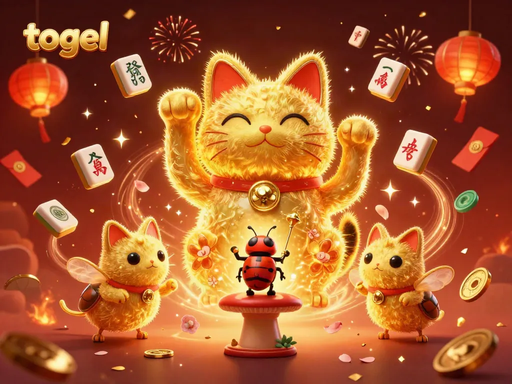 Engage with togel action through vibrant casino-themed 3D art featuring a lucky cat and symbols.