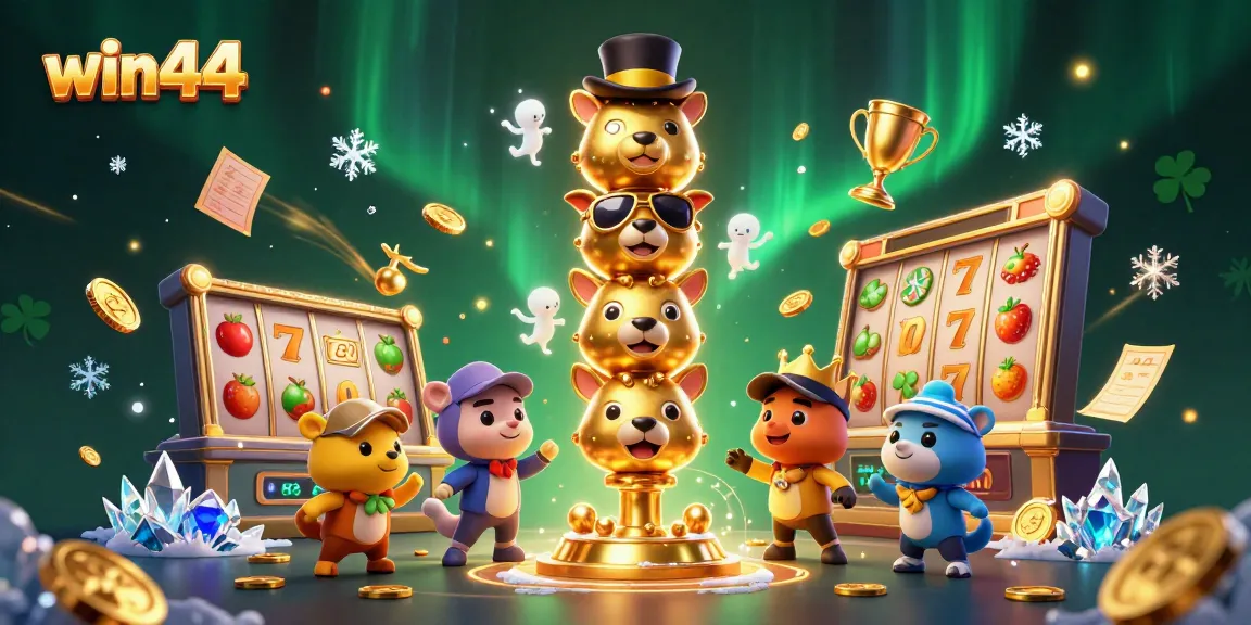 Win44 features a cartoon golden totem surrounded by slots and casino elements, bringing excitement to the game.