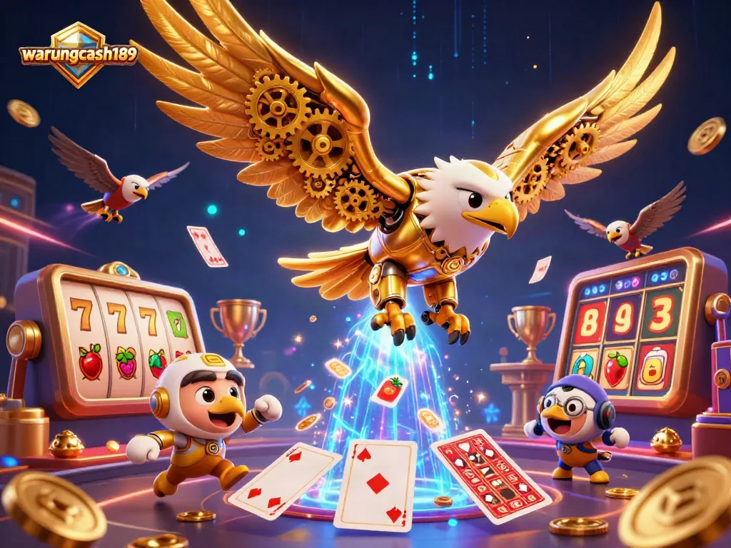 Win big at warungcash189 with a dynamic scene of a cybernetic eagle and vibrant casino elements.