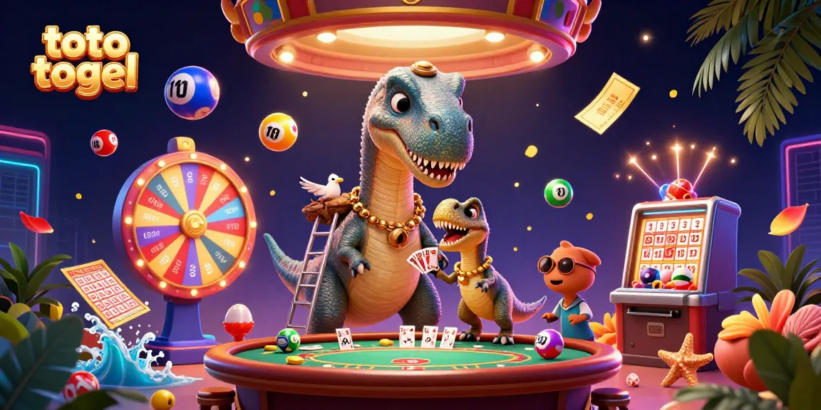 Play exciting toto togel with a 3D brontosaurus and raptor in a vibrant casino scene.