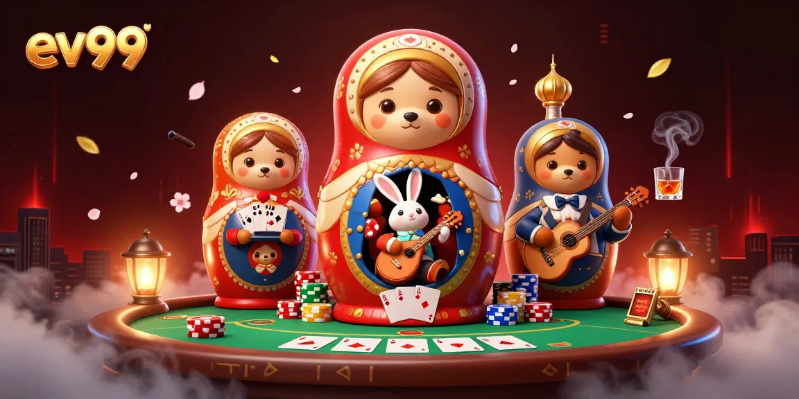 Experience the excitement at ev99 with a vibrant casino scene featuring playful bears and poker elements.