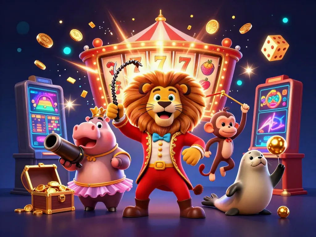 Ilustrasi 3D menarik dari karakter slot dan mesin yang menggambarkan situs slot untuk pemain.