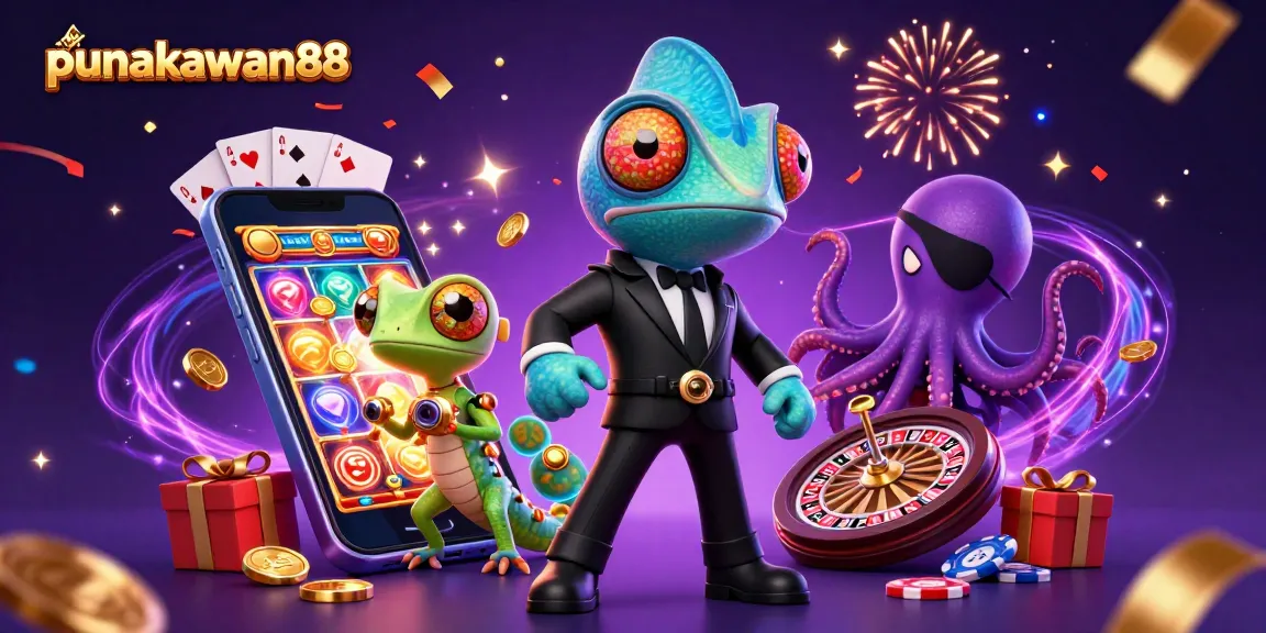 Win big with punakawan88 in this vibrant illustration of a secret agent chameleon and friends.