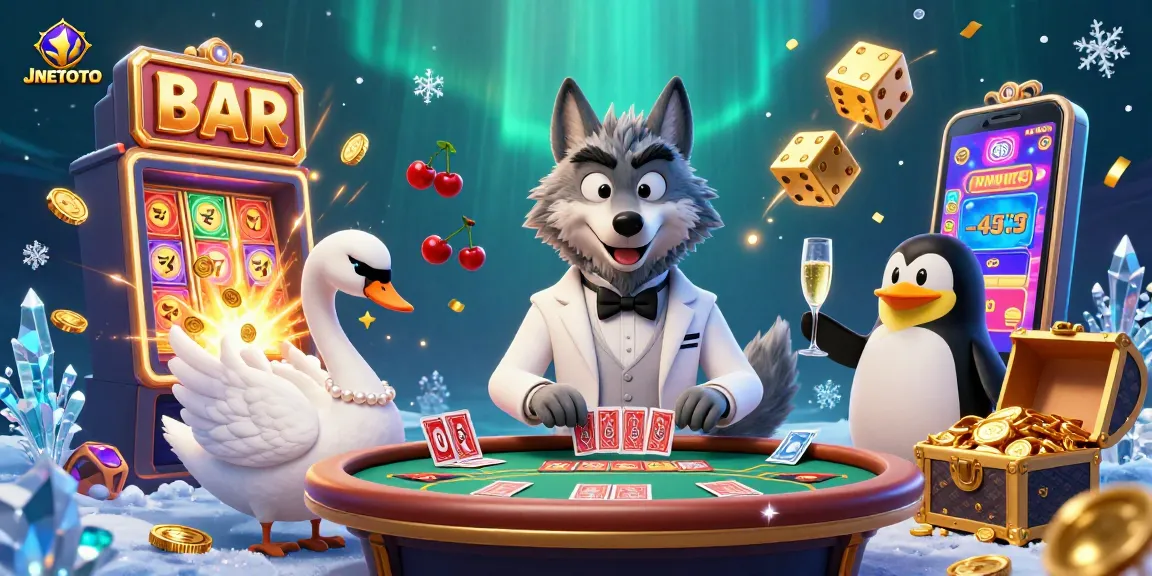 Slot jackpot JNETOTO menghiasi suasana kasino dengan beruang dan angsa.