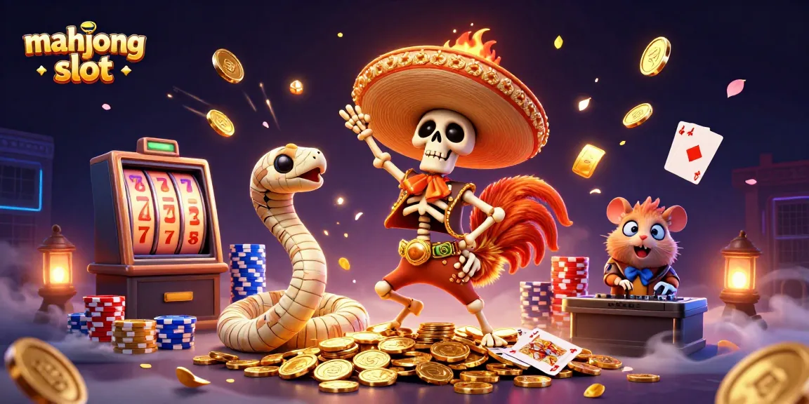 Experience the excitement of mahjong slot with dynamic characters amidst flying coins and vibrant gaming elements.
