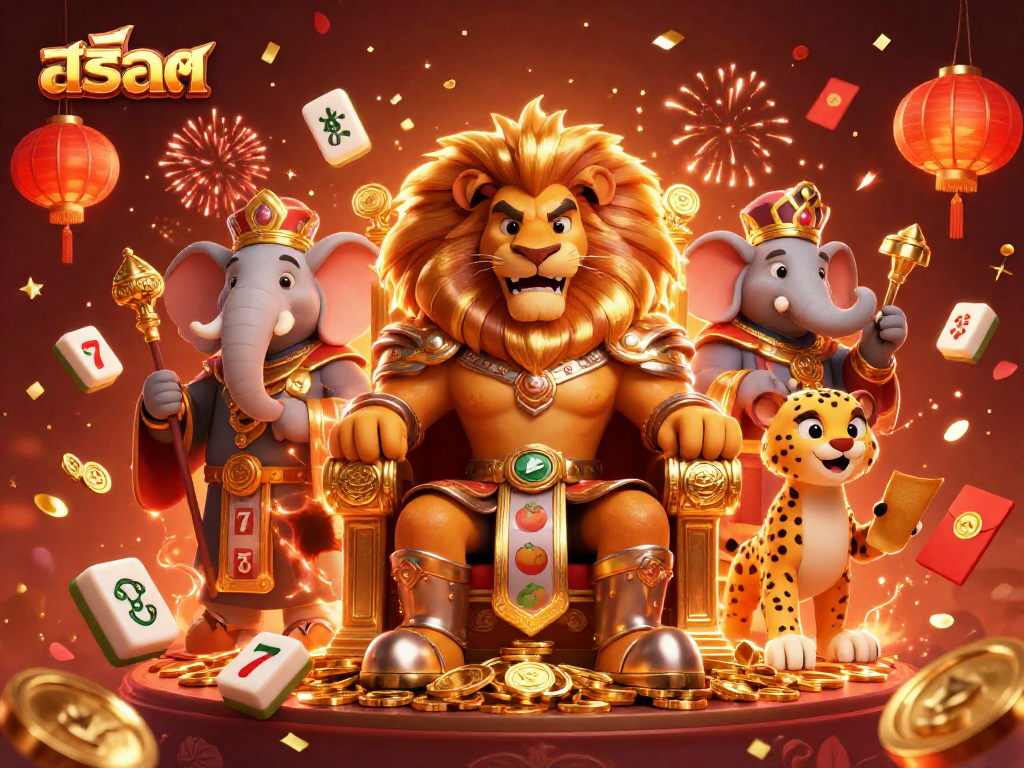 Experience สล็อต excitement with a lion king, elephant advisor, and cheetah messenger in a vibrant casino scene