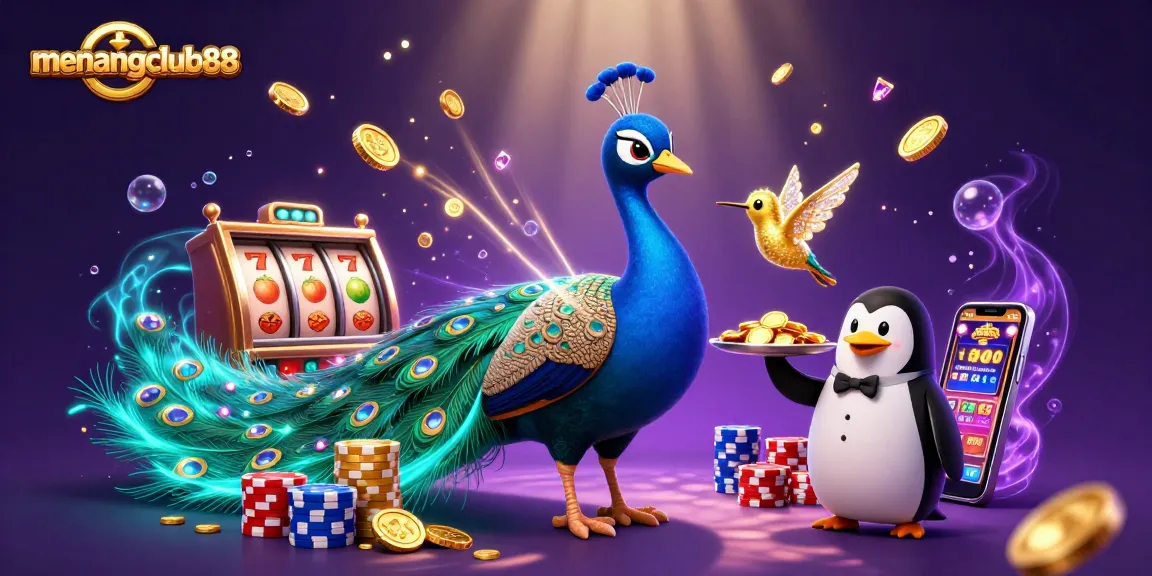 Play casino games and win with menangclub88, featuring a peacock, penguin, and hummingbird amid vibrant gambling elements.