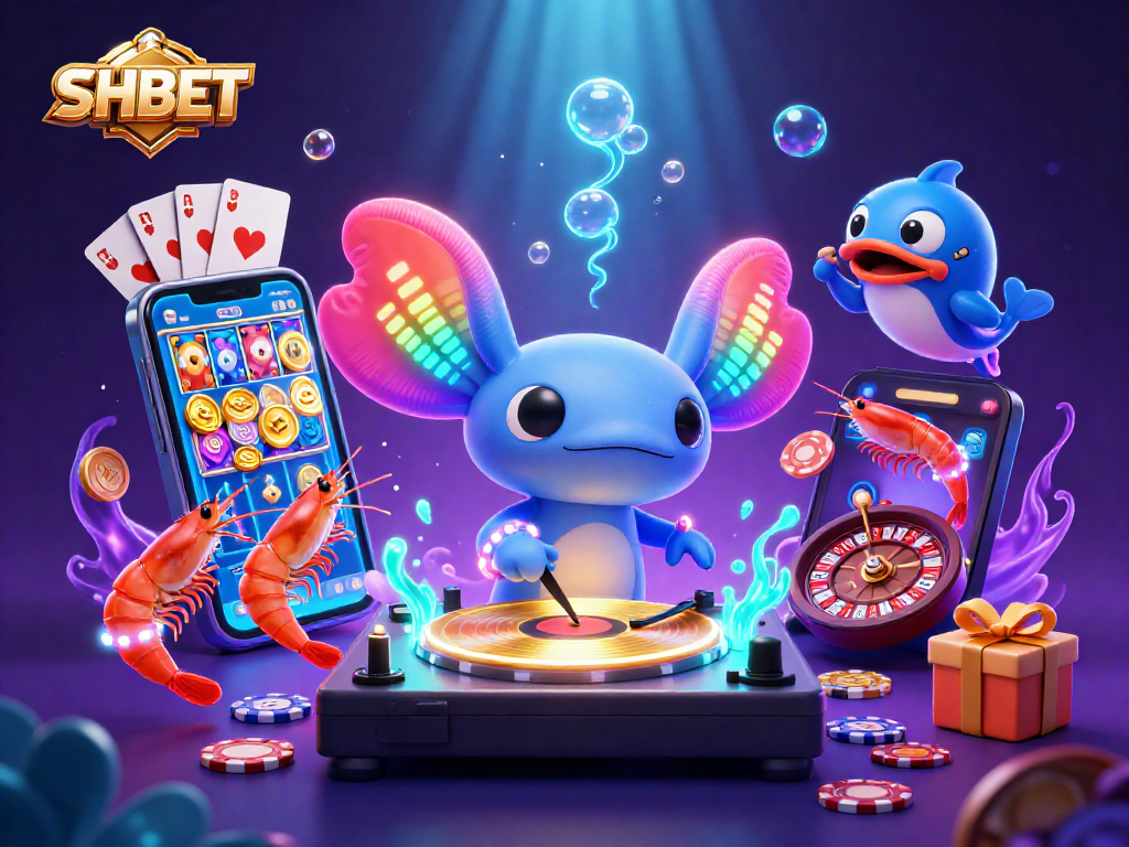 Experience SHBET with vibrant 3D characters amidst colorful gambling elements and underwater effects.