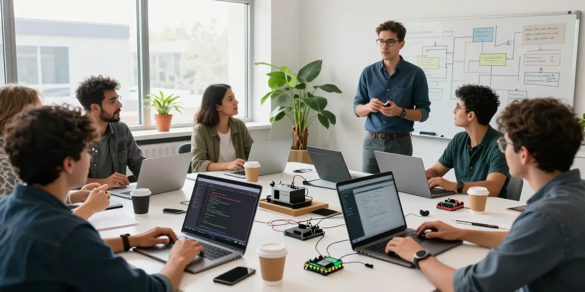 Team collaborating on software projects using slot technology in a modern office.