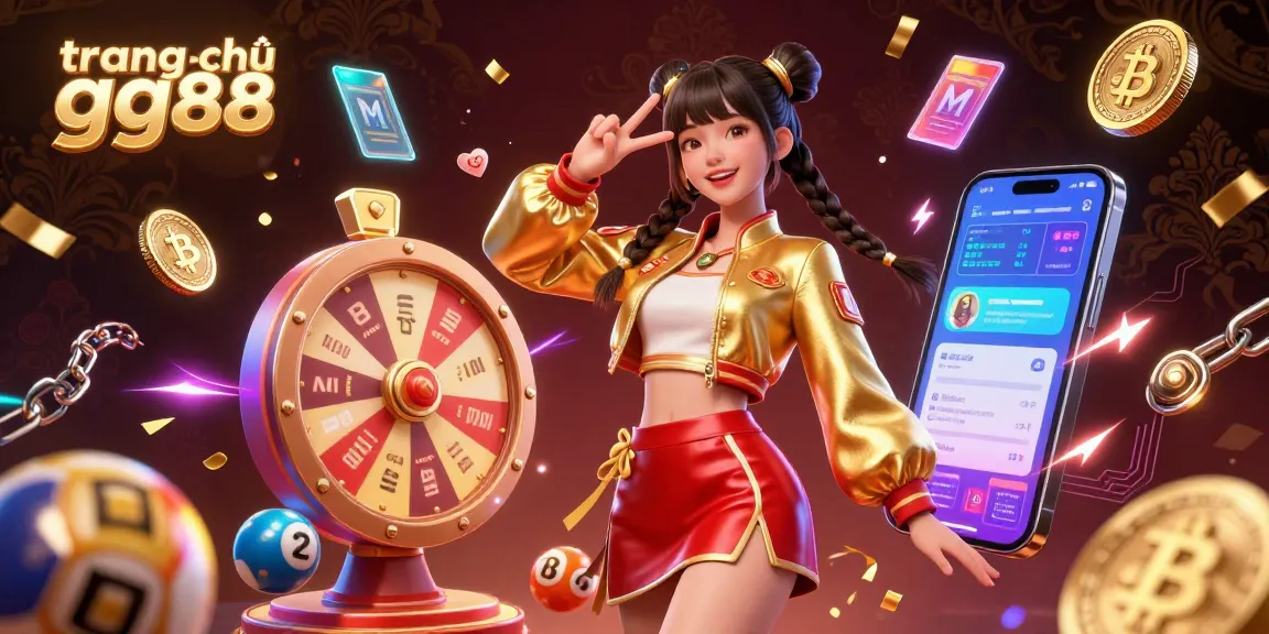 Engage with the vibrant energy of trang chủ gg88, featuring a joyful Asian woman amidst colorful lottery balls and digital elements.