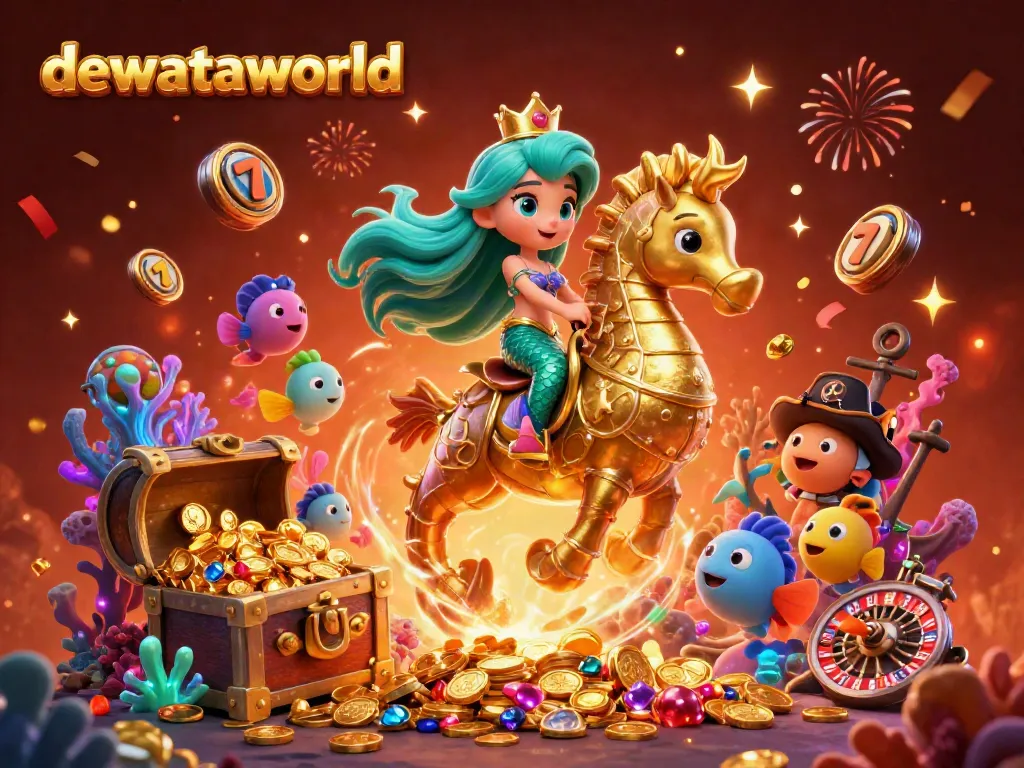 Putri duyung dengan kuda laut emas menampilkan slot dan roulette di dewataworld.