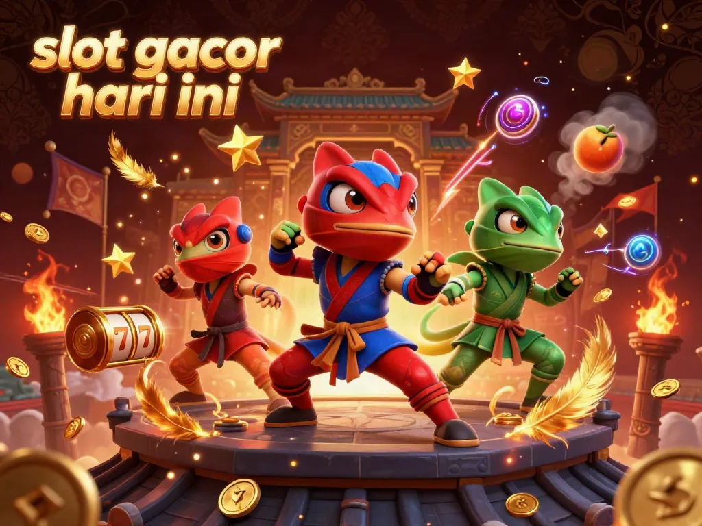 Ilustrasi penuh warna menampilkan tim ninja chameleon di latar belakang slot gacor hari ini yang dinamis.