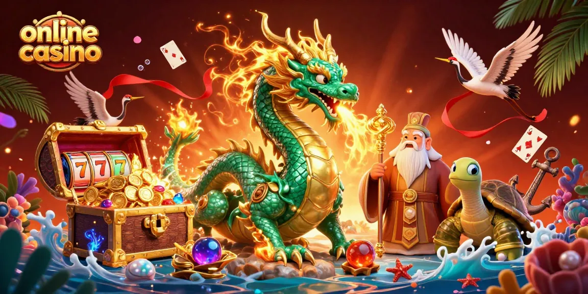 Experience the excitement of an online casino with a vibrant illustration featuring dragons, lucky symbols, and treasure