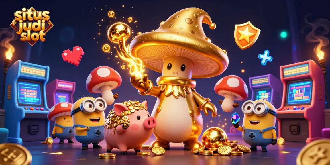 Situs judi slot penuh warna dengan karakter wizard emas dan berbagai mesin game 3D bersinar di sekelilingnya