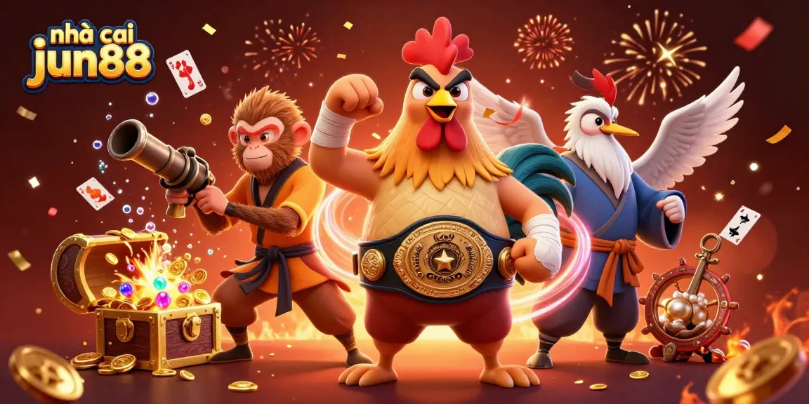 Engage with the vibrant world of nhà cái jun88 showcasing dynamic casino elements and playful characters.