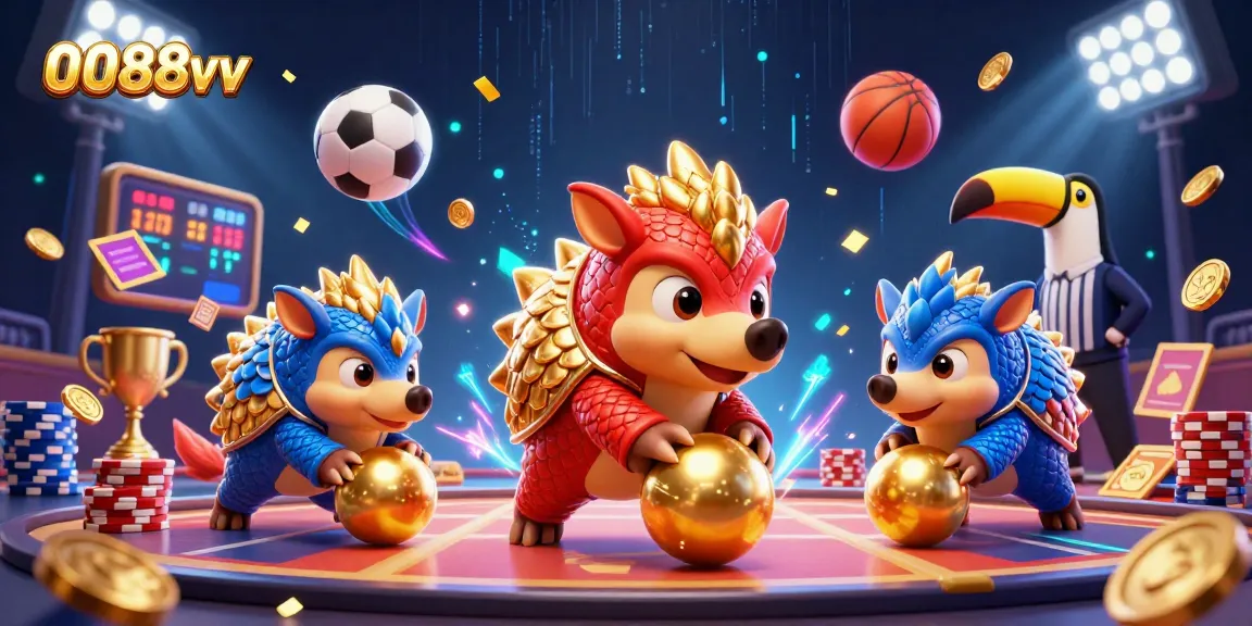 Experience thrilling gameplay at 0088vv with dynamic pangolins bowling through poker chips for fun and excitement.
