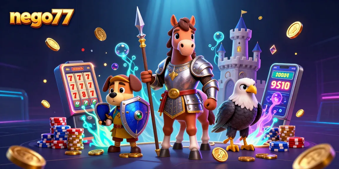 Nego77 presents a vibrant casino scene with a knight, squire puppy, and falcon among slot reels and coins.