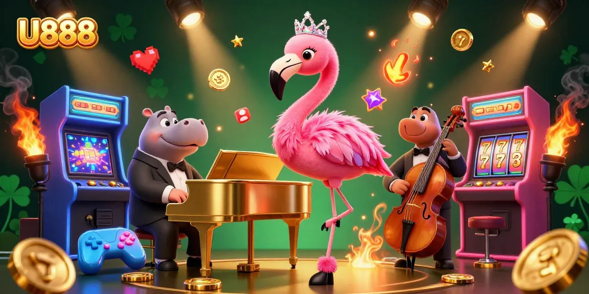 Experience U888's exciting slot games with a lively flamingo singer and hippo bassist in an engaging casino scene.