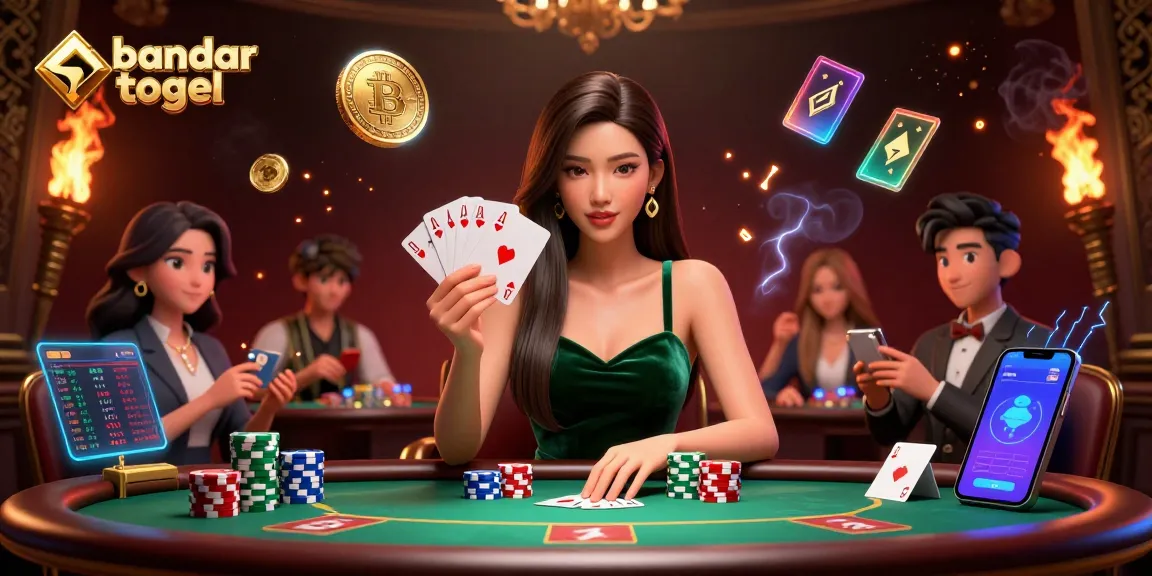 Experience the thrilling bandar togel scene with a beautiful woman at a luxury poker table, surrounded by glowing cryptocurrency elements.