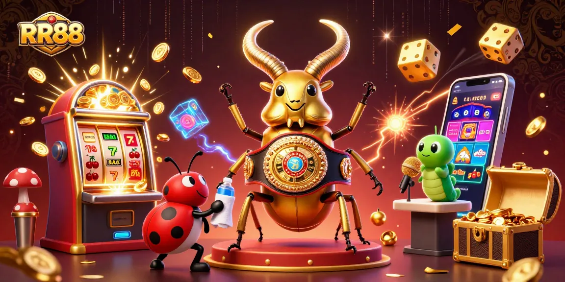 Experience the excitement of RR88 as characters engage in dynamic casino action surrounded by treasures and vibrant elements.