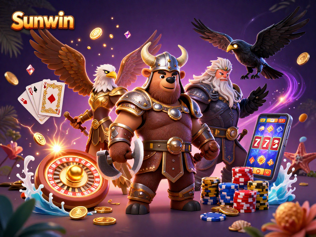 Experience excitement at Sunwin with dynamic gaming elements, golden prizes, and vibrant characters.