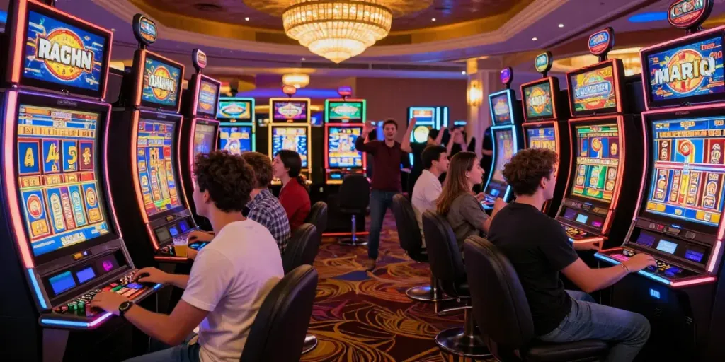 Friends enjoying slot machines in a vibrant casino.