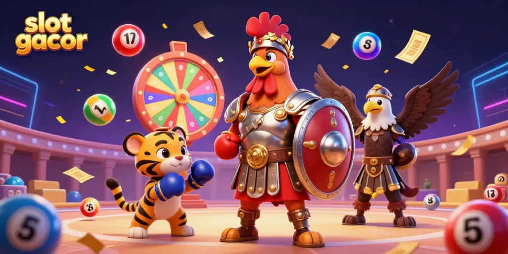 Experience slot gacor with a vibrant 3D illustration featuring dynamic casino game elements.