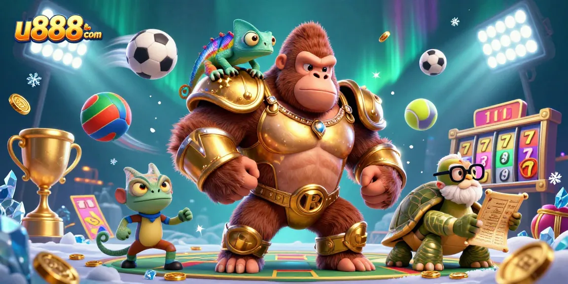 Experience sports betting excitement with u888com's vibrant gorilla, chameleon, and tortoise characters.