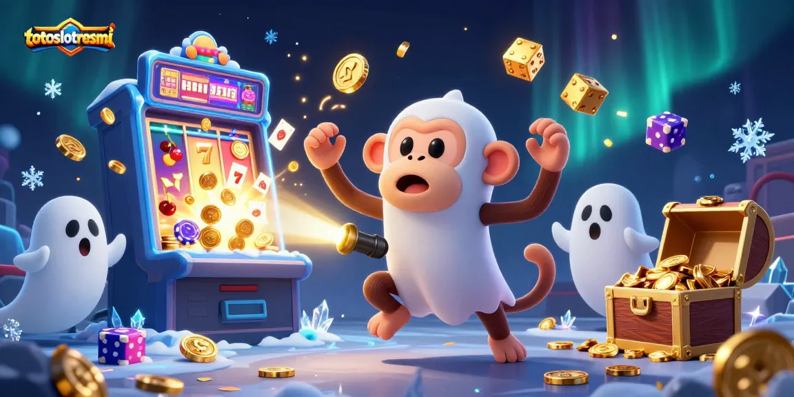 Totoslotresmi showcases a playful scene with a poltergeist monkey juggling casino objects and a curious puppy in a vibrant slot-filled environment