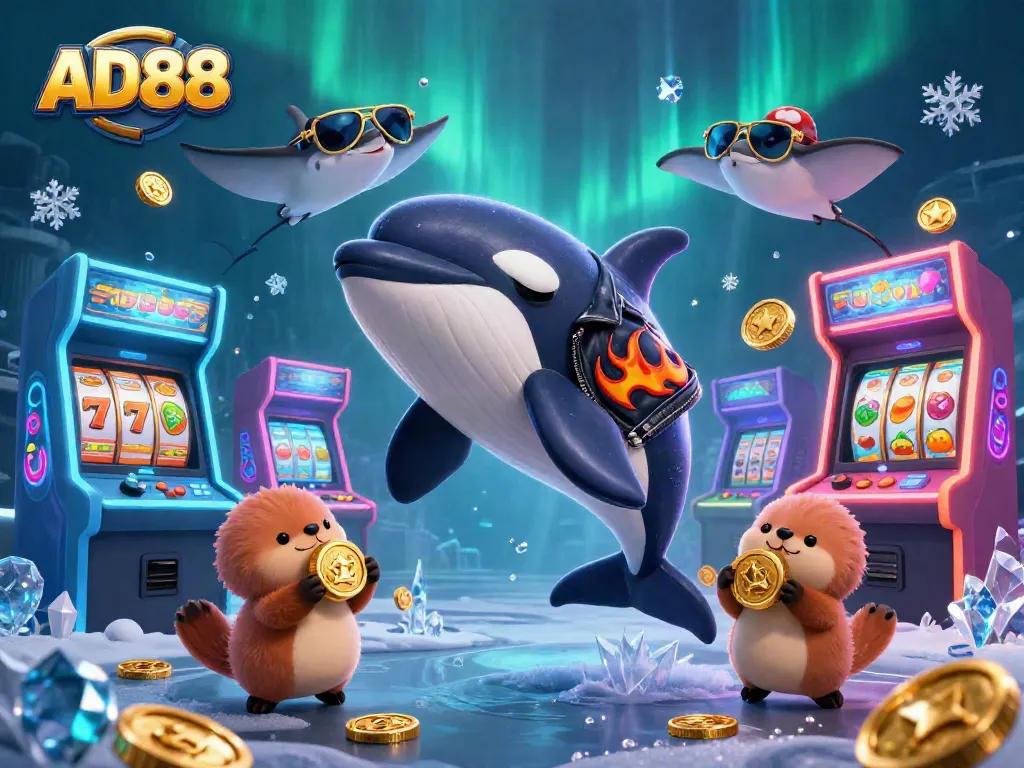 Experience the fun at AD88 casino with an orca whale and otters enjoying gaming action!