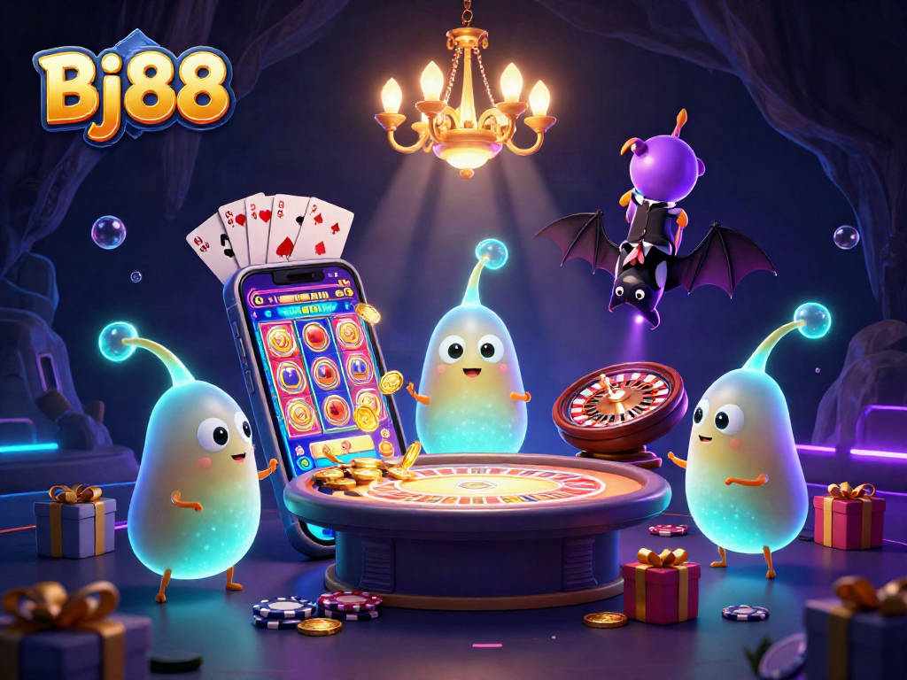 Bj88 illuminates a vibrant casino scene with animated glowworms and a bat dealer, engaging players with lively gaming elements.
