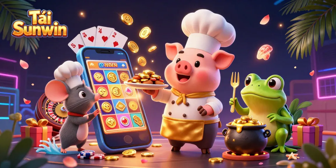 Tải Sunwin as a vibrant cartoon scene featuring characters with gold coins and casino elements, showcasing excitement.