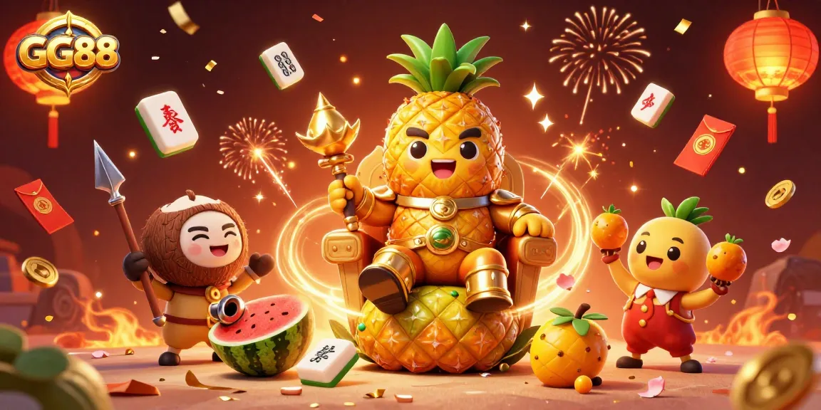 GG88 gambling scene featuring a golden pineapple king and festive elements in a vibrant beach casino